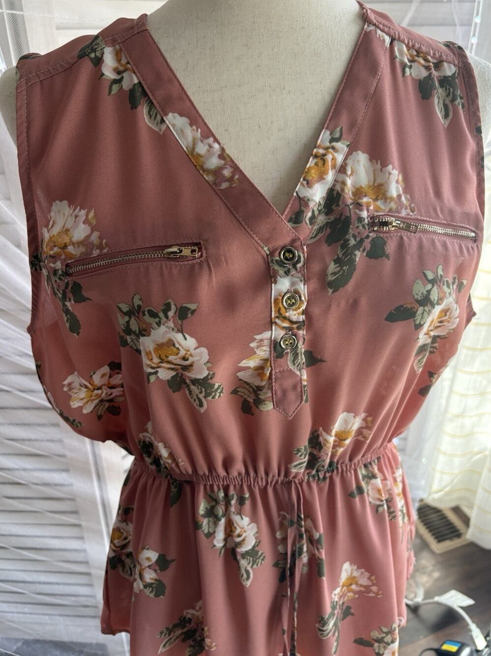 Justify Pink Floral Chiffon Blouse V-Neck Sleeveless Peplum Lightweight XL